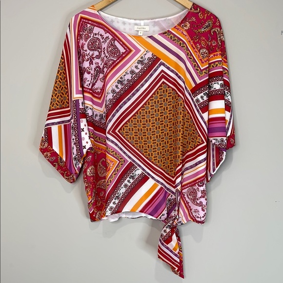 Laura NWT Colorful Patchwork Print Top Tied Waist Flowy Boho 70s Vibe Size 8 - Picture 12 of 12